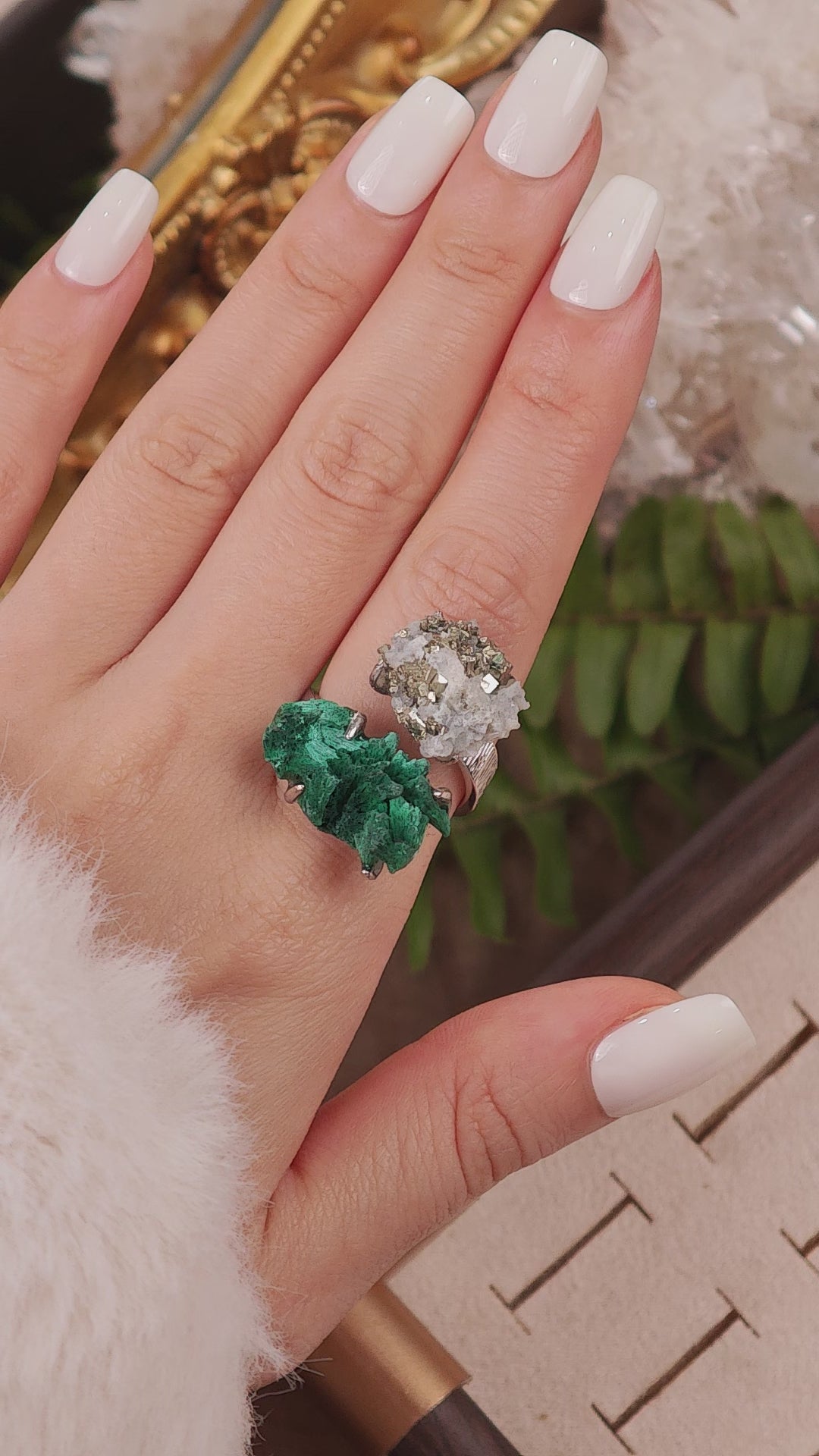 Raw Malachite&Chalcopyrite Adjustable Ring – Natural Mineral Stone Ring, Handmade One of a Kind Jewelry-050