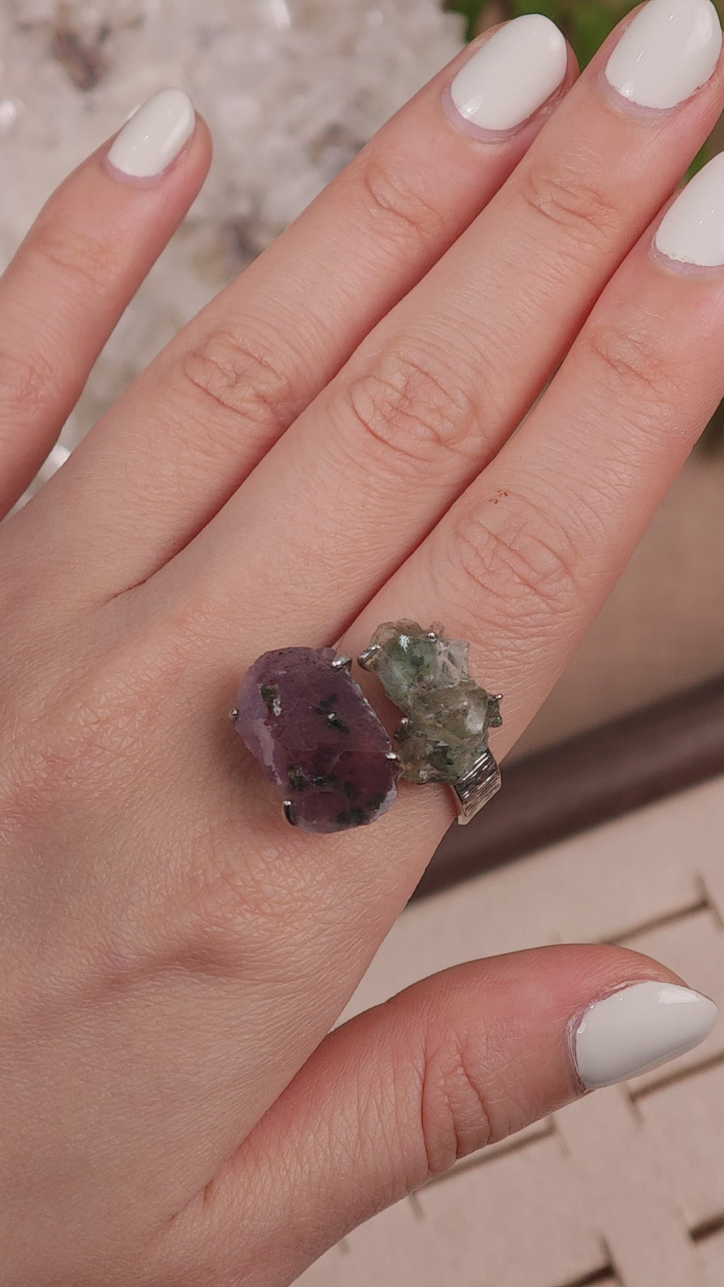 Raw Garden Quartz+Prase Adjustable Ring – Natural Mineral Stone Ring, Handmade One of a Kind Jewelry-020