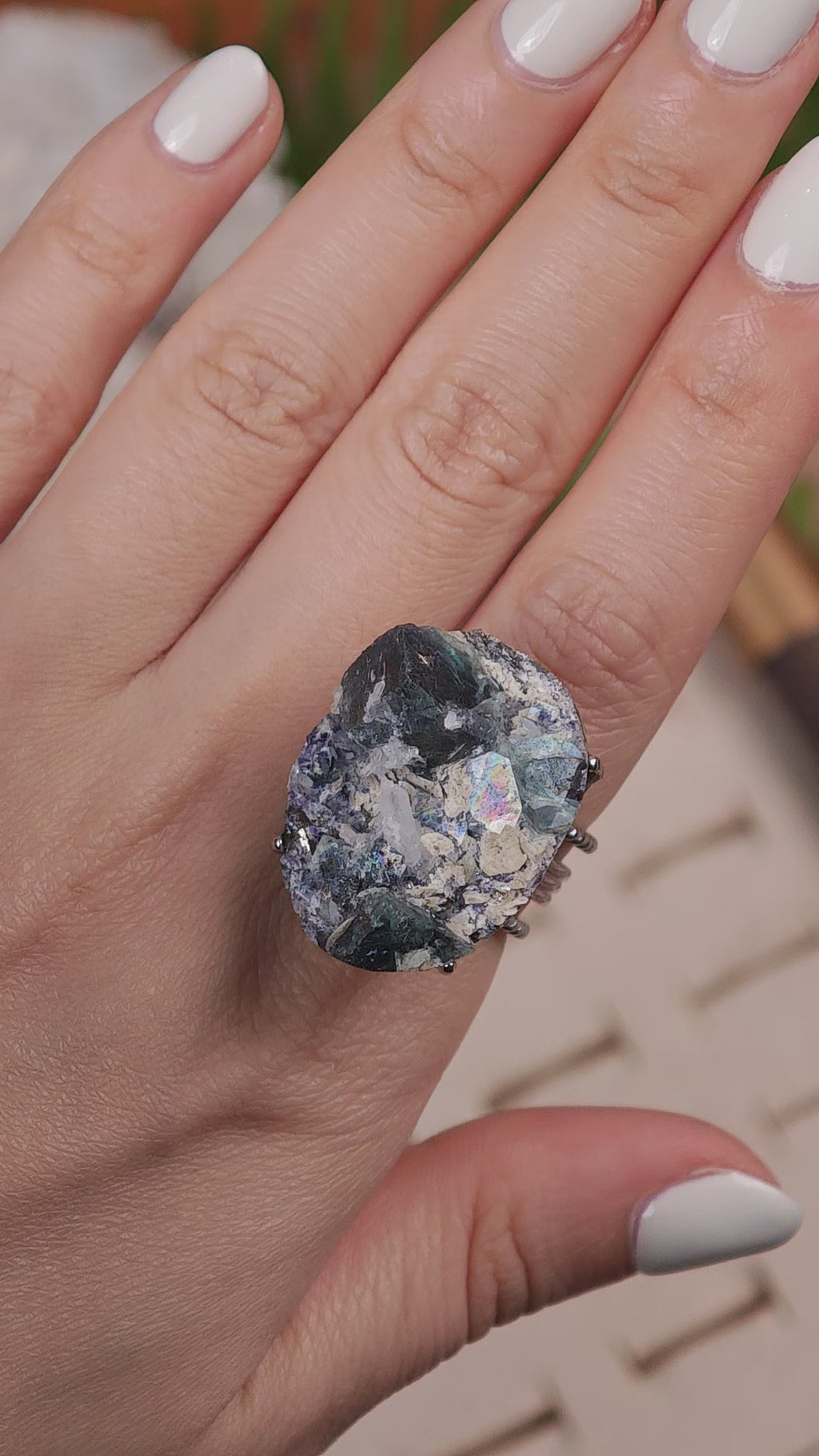 Raw Phantom Fluorite Adjustable Ring – Natural Mineral Stone Ring, Handmade One of a Kind Jewelry-004